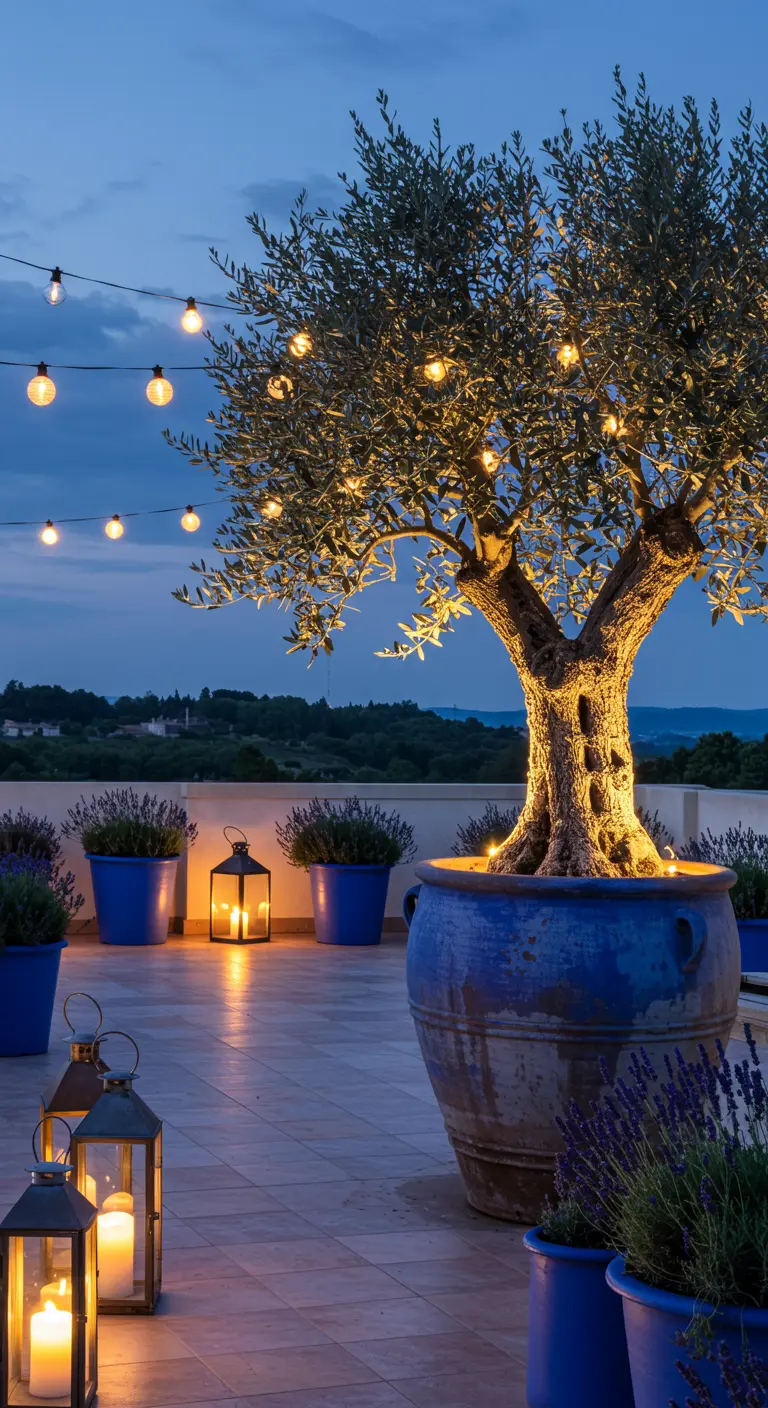 A large, mature olive tree in a blue pot, adorned with string lights on a terrace at night.