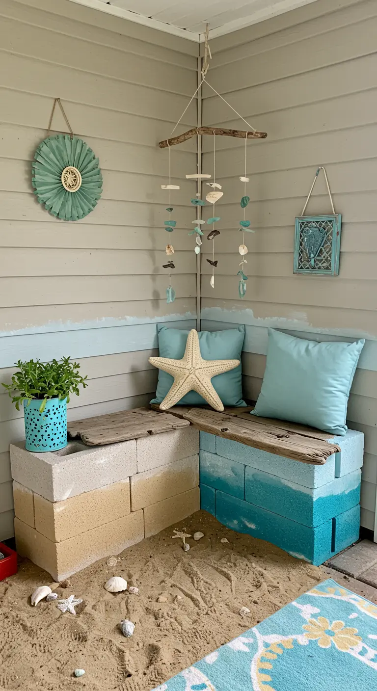 A corner bench made of cinder blocks painted with a sand-and-sea ombre effect.