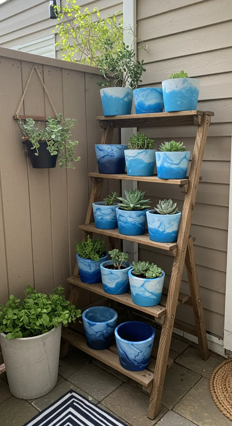 A wooden ladder stand holding blue and white marbled pots with succulents, arranged in a gradient.