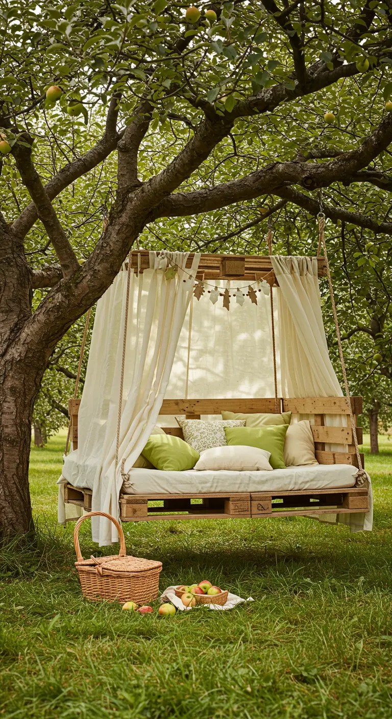 Pallet swing bed hanging from a tree in an apple orchard with green pillows.