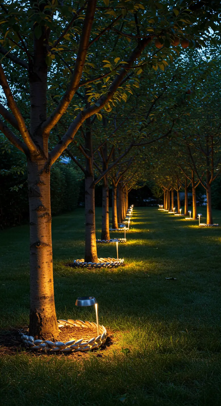 A row of trees in a grassy yard, each with a solar-powered light at its base.