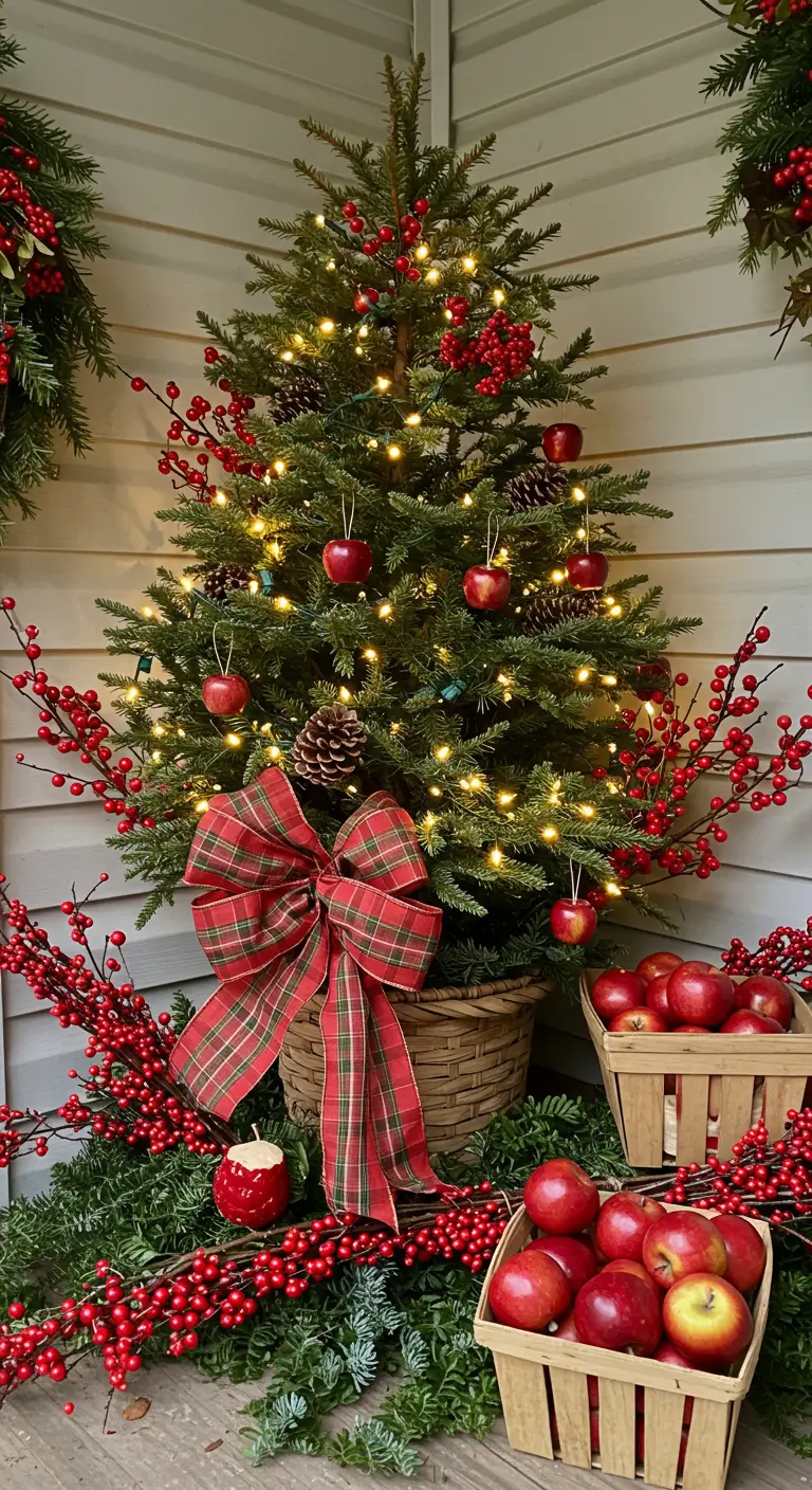 A mini tree decorated with apples and pinecones, surrounded by baskets of apples.