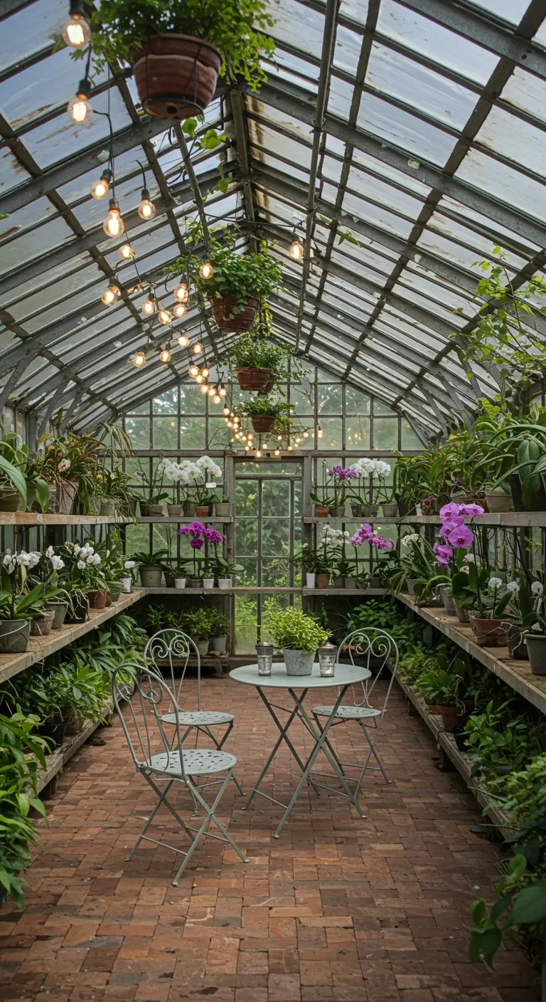 A bistro set inside a greenhouse filled with orchids, with string lights hanging from the ceiling.