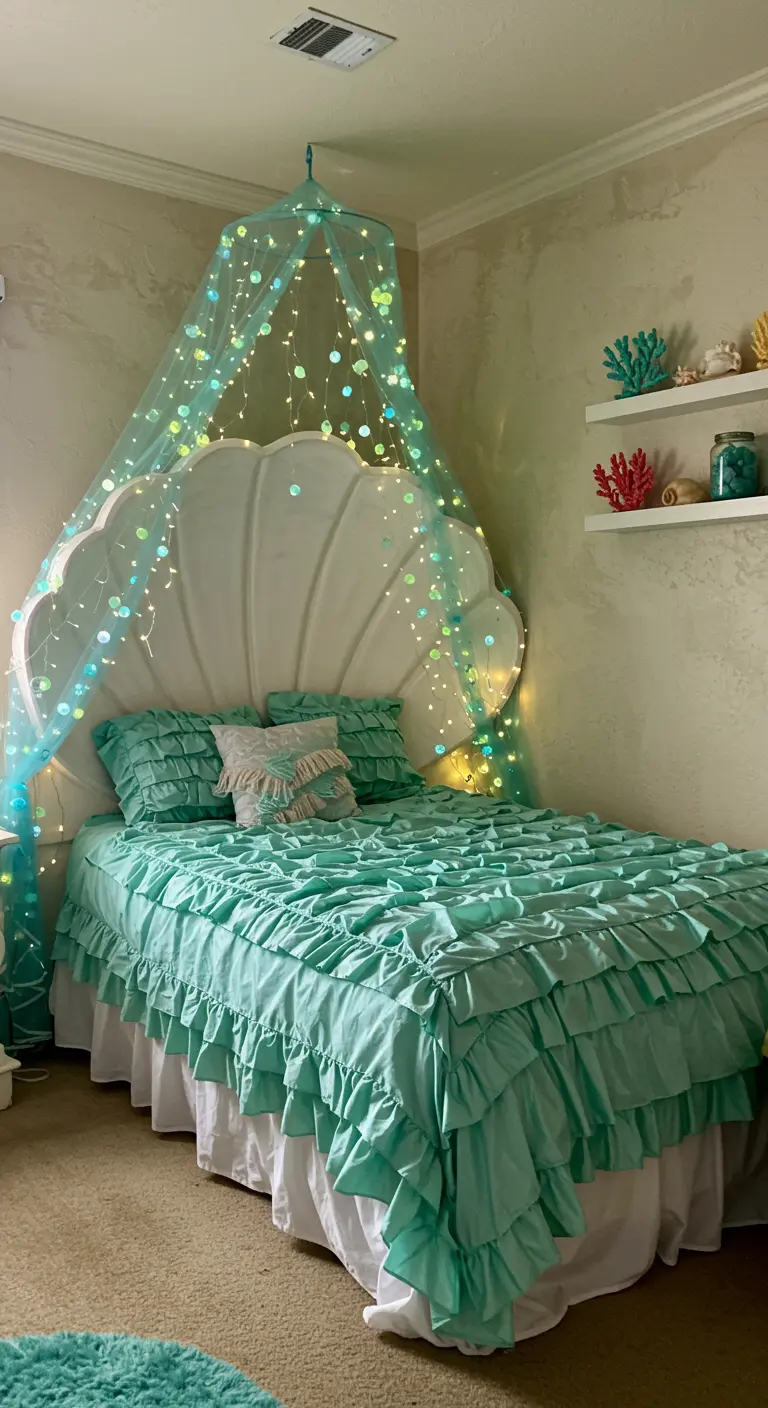 Bed with a large white seashell headboard and teal ruffled bedding.