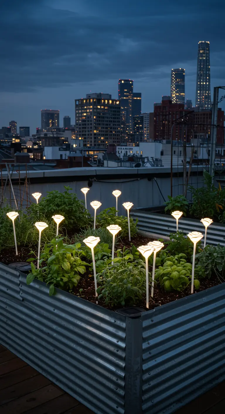 White solar flower lights glowing in a rooftop garden's galvanized steel raised beds.