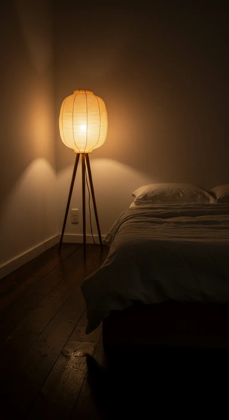 A paper lantern floor lamp on a tripod base in a dark bedroom corner.