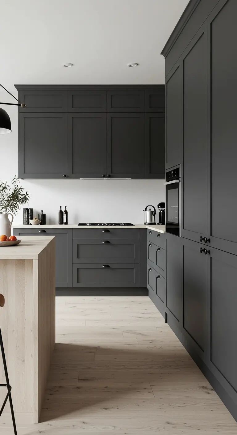 Moody kitchen with dark gray shaker cabinets and a light wood island with pale flooring.
