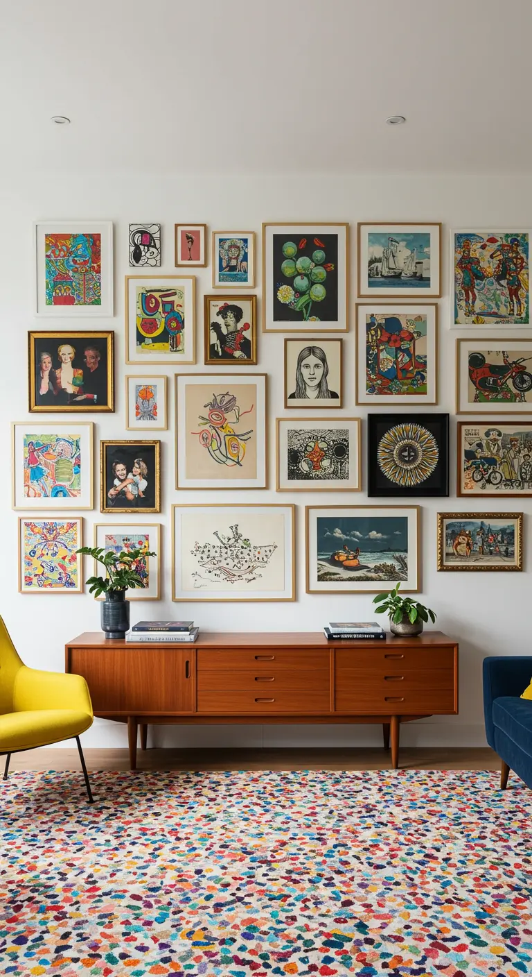 A large gallery wall hanging above a teak credenza, with a colorful confetti-style rug.