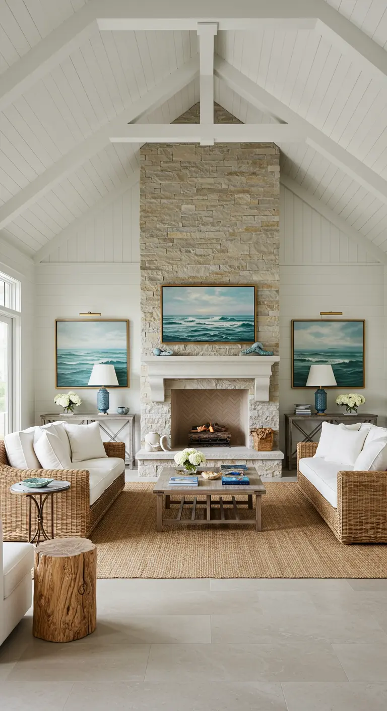 Symmetrical living room with two rattan sofas facing a tall stone fireplace.