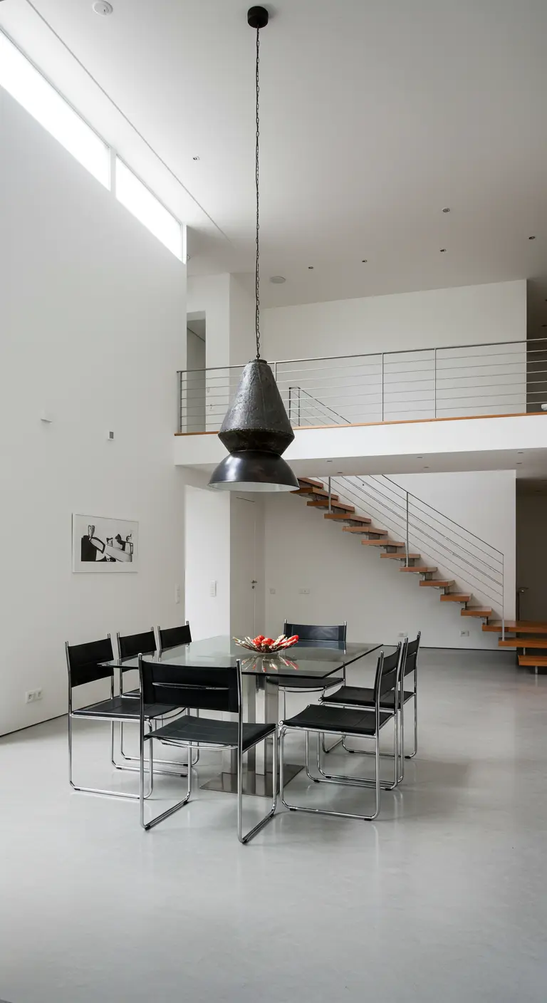 Glass table and black chairs in a stark white, double-height room.