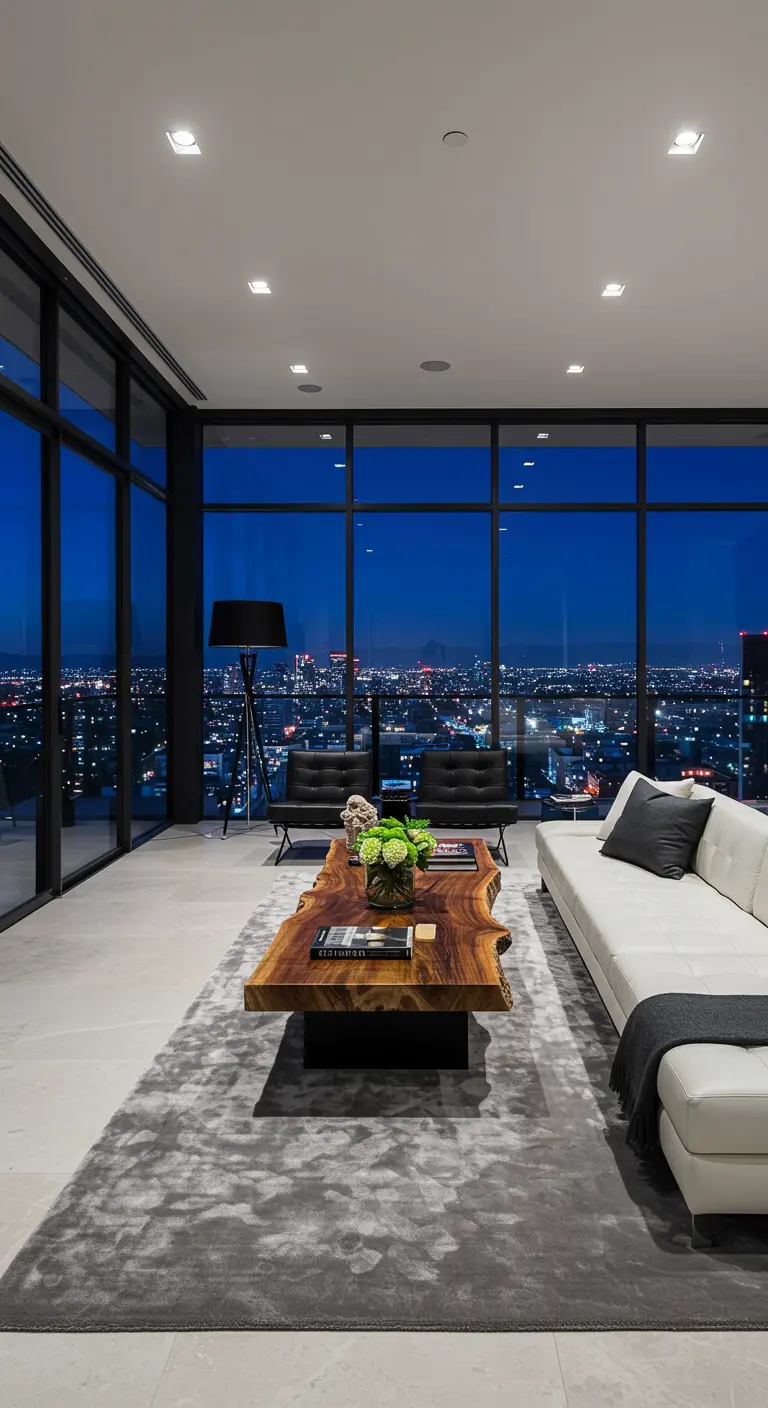 Modern high-rise apartment at night, with a large live-edge table anchoring a white sofa.