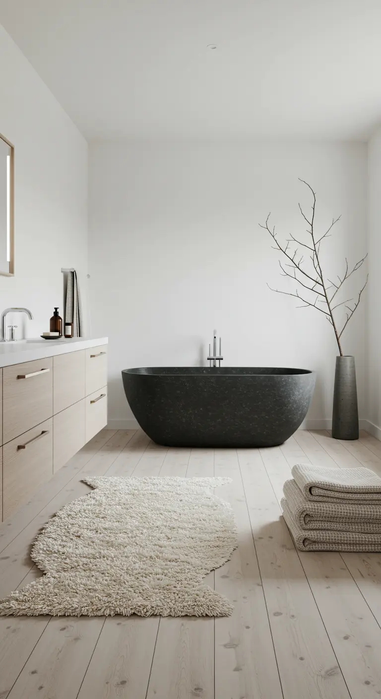White minimalist bathroom with a black freestanding tub and light wood floors.