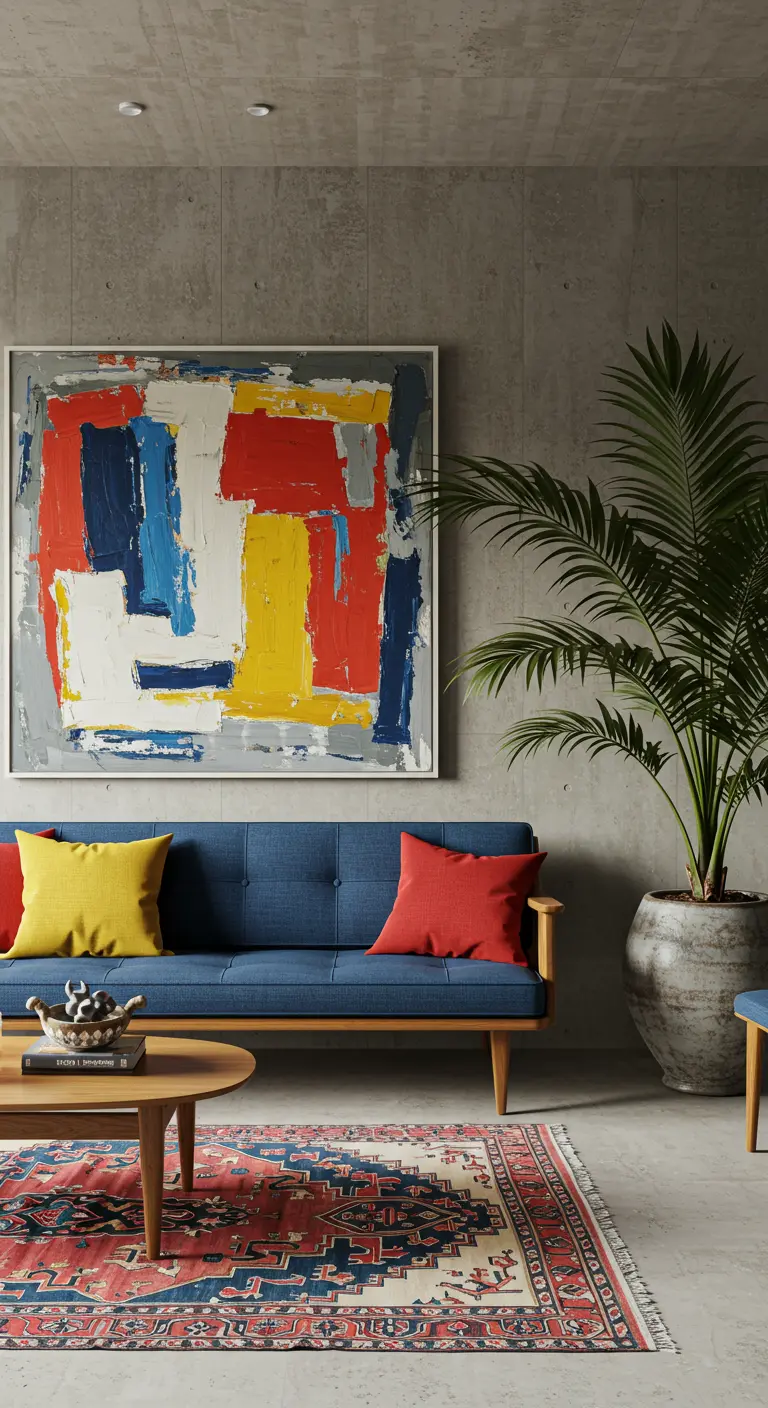 Mid-century sofa with colorful pillows in front of a large abstract painting on a concrete wall.