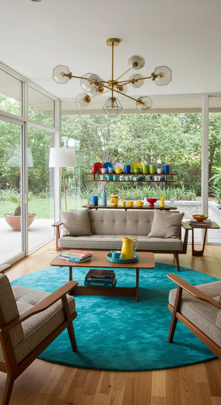 Glass-walled living room with a circular teal rug and mid-century furniture.