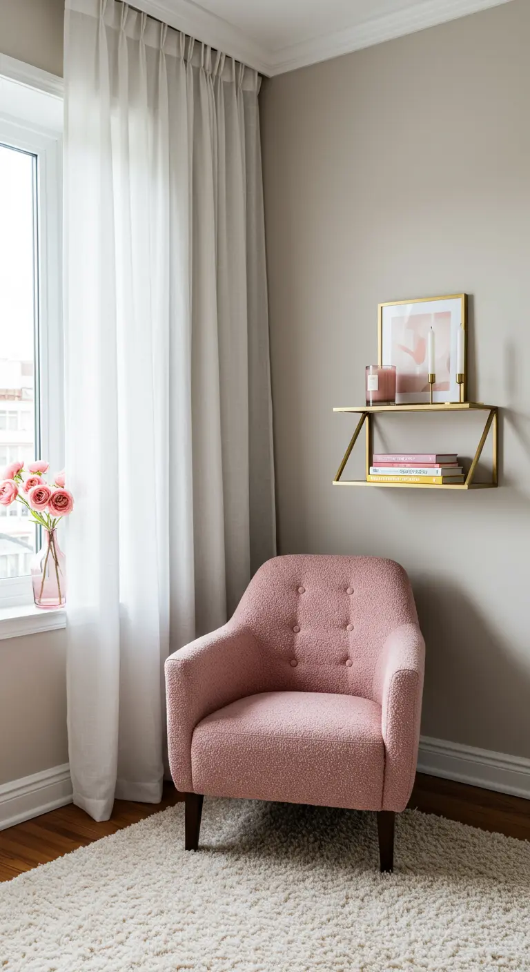 A pink bouclé armchair in a corner with a gold shelf and sheer curtains.
