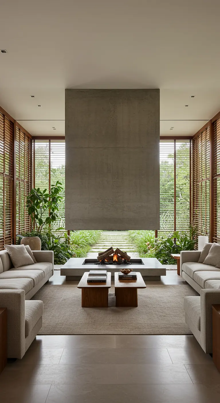 Symmetrical living room with a towering concrete fireplace between two large windows.