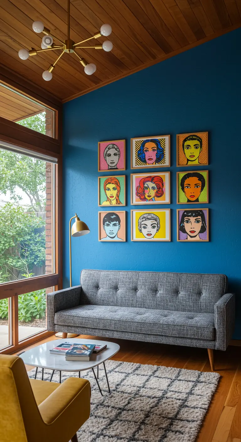 Blue accent wall with a nine-frame pop art gallery, a gray sofa, and a wood ceiling.