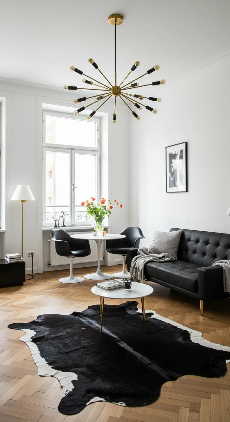 Living room with a black leather sofa, brass Sputnik chandelier, and a black cowhide rug.