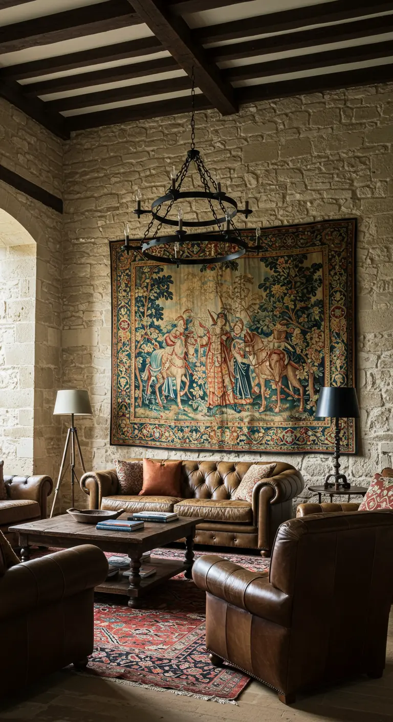 A living room with a leather Chesterfield sofa and a large tapestry on a stone wall.