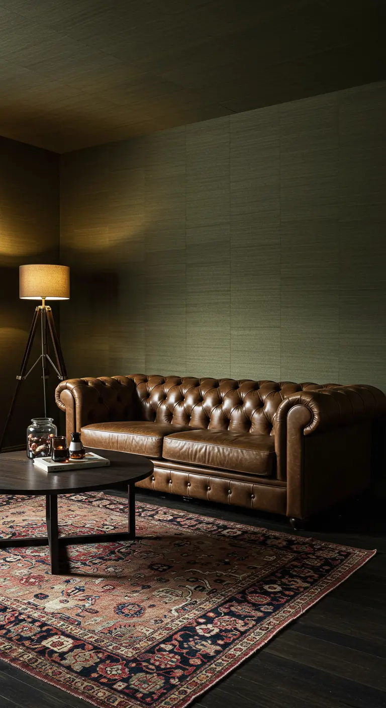 A classic brown leather Chesterfield sofa in a moody room with a patterned rug.