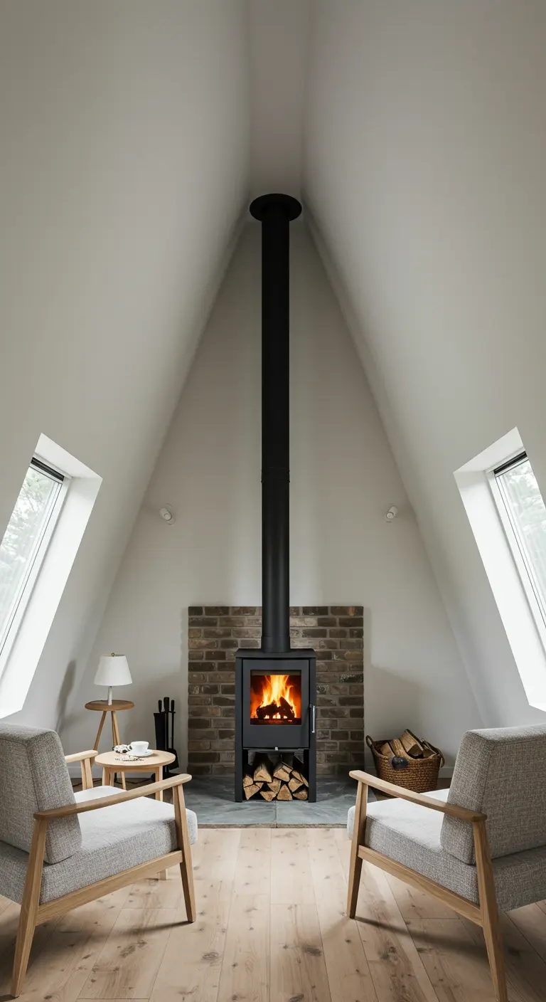 A modern black wood stove in an A-frame room with two armchairs and vaulted white ceilings.