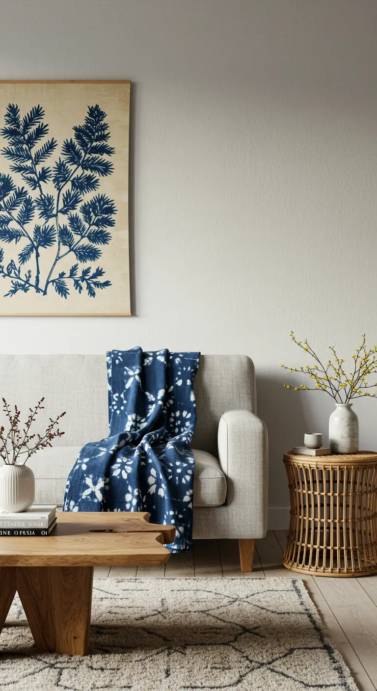 A minimalist living room featuring a large indigo botanical wall hanging and a matching throw.