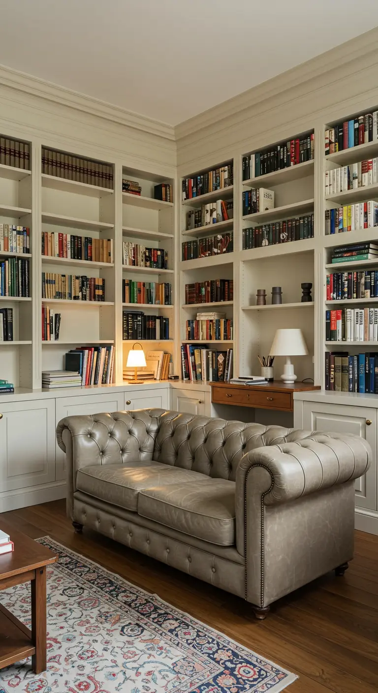 A classic leather chesterfield sofa sits in front of wall-to-wall built-in bookshelves.