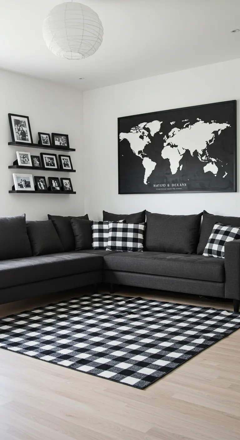 Living room with a large gray sectional sofa, gingham pillows, and a checkerboard rug.