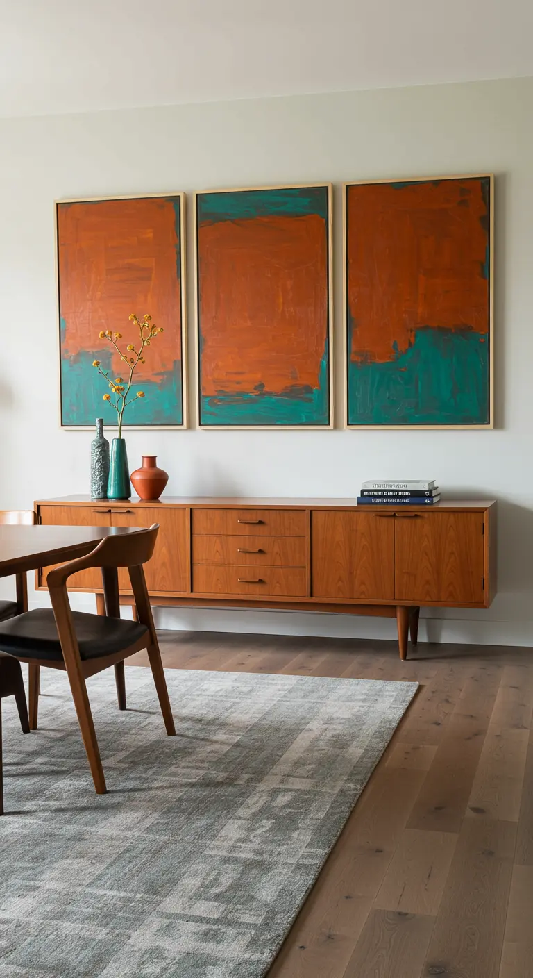 A long walnut sideboard is anchored by a three-panel abstract painting in orange and teal.