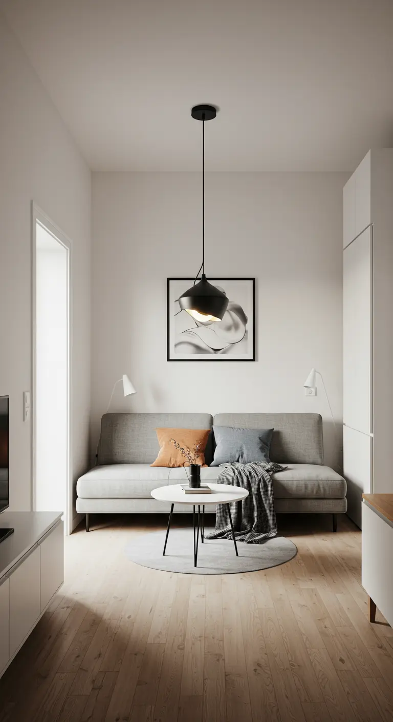 A small, minimalist living room anchored by a single, sculptural black pendant light over the couch.