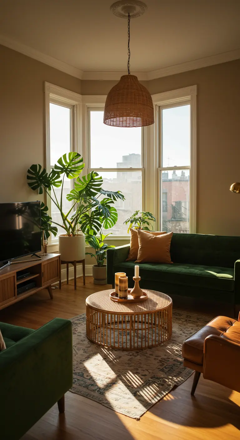 Living room bay window with a large monstera plant, velvet green sofa, and wicker pendant light.