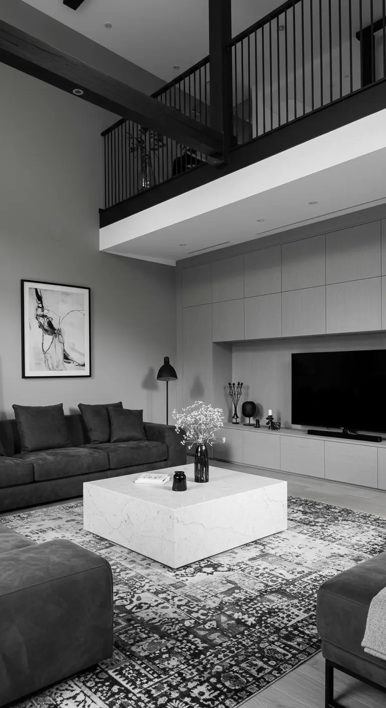 Loft living room with a mezzanine, large patterned rug, and a white marble block coffee table.