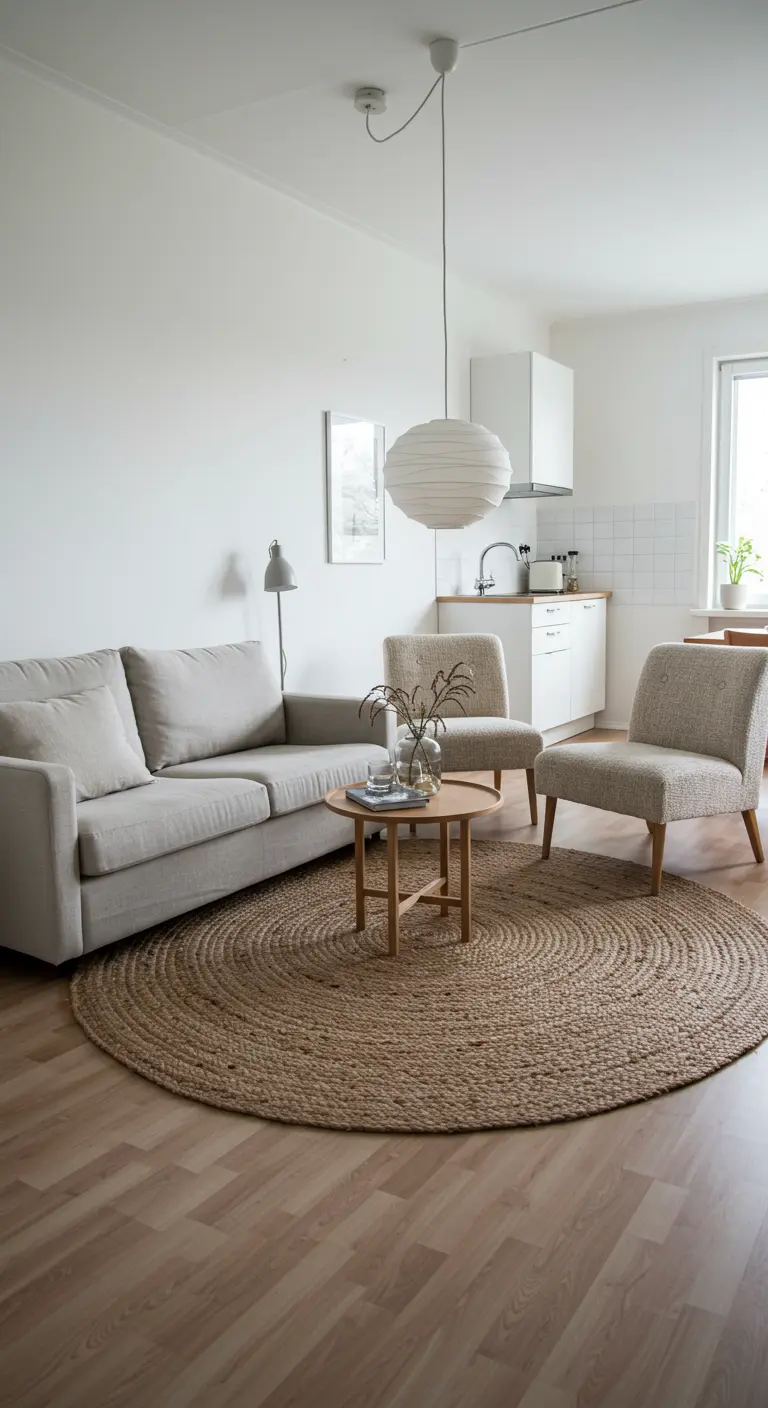 Scandinavian living area with a round jute rug unifying the seating group.