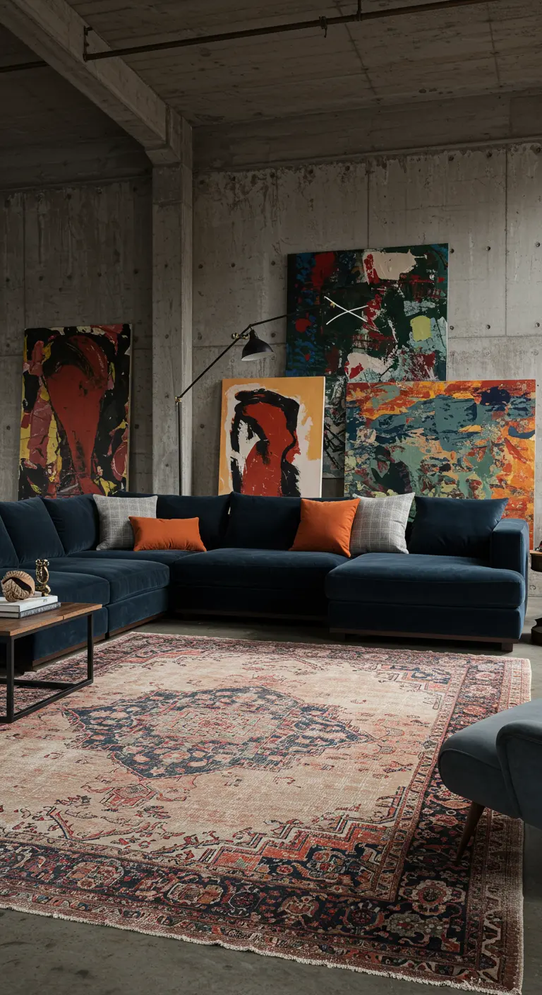 Navy blue sectional in a concrete industrial loft with large abstract paintings.