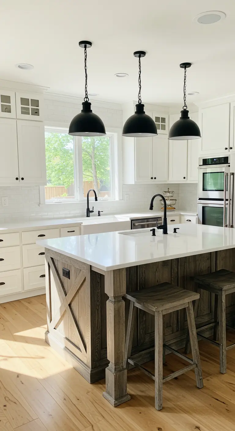 White farmhouse kitchen with a reclaimed wood island and three large black dome pendants.