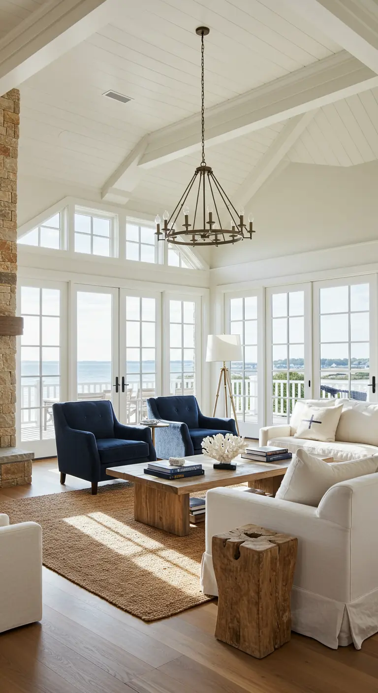Living room with vaulted ceilings, stone fireplace, and two navy velvet armchairs.