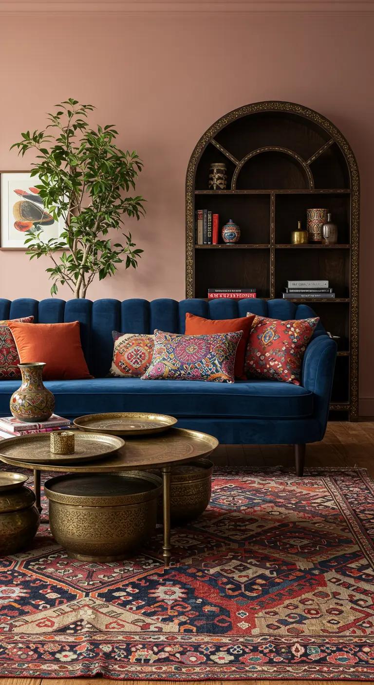 An eclectic living room with a blue velvet sofa and a colorful patterned rug.