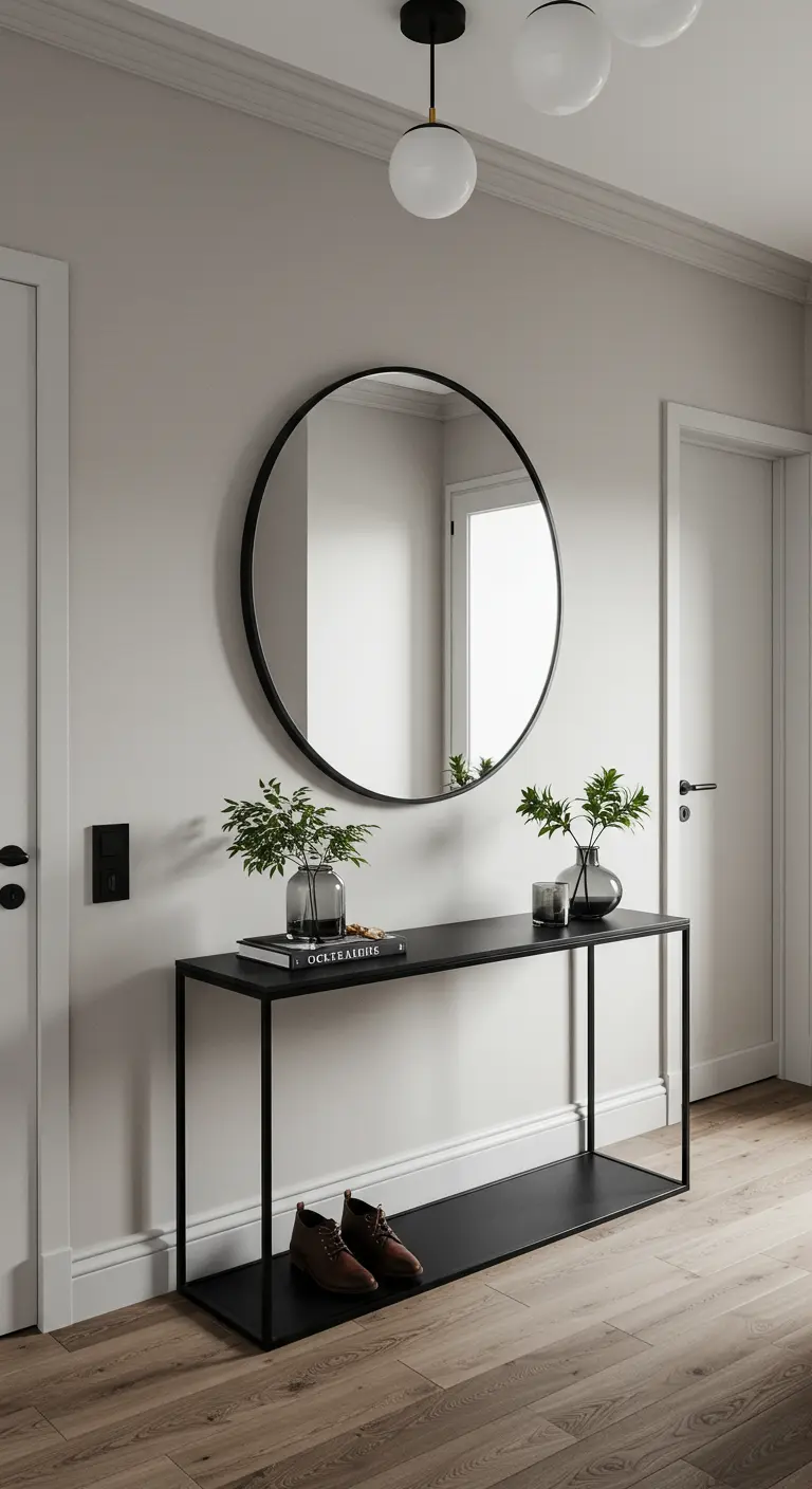 A large, black-framed round mirror hanging over a slim console table in a modern entryway.