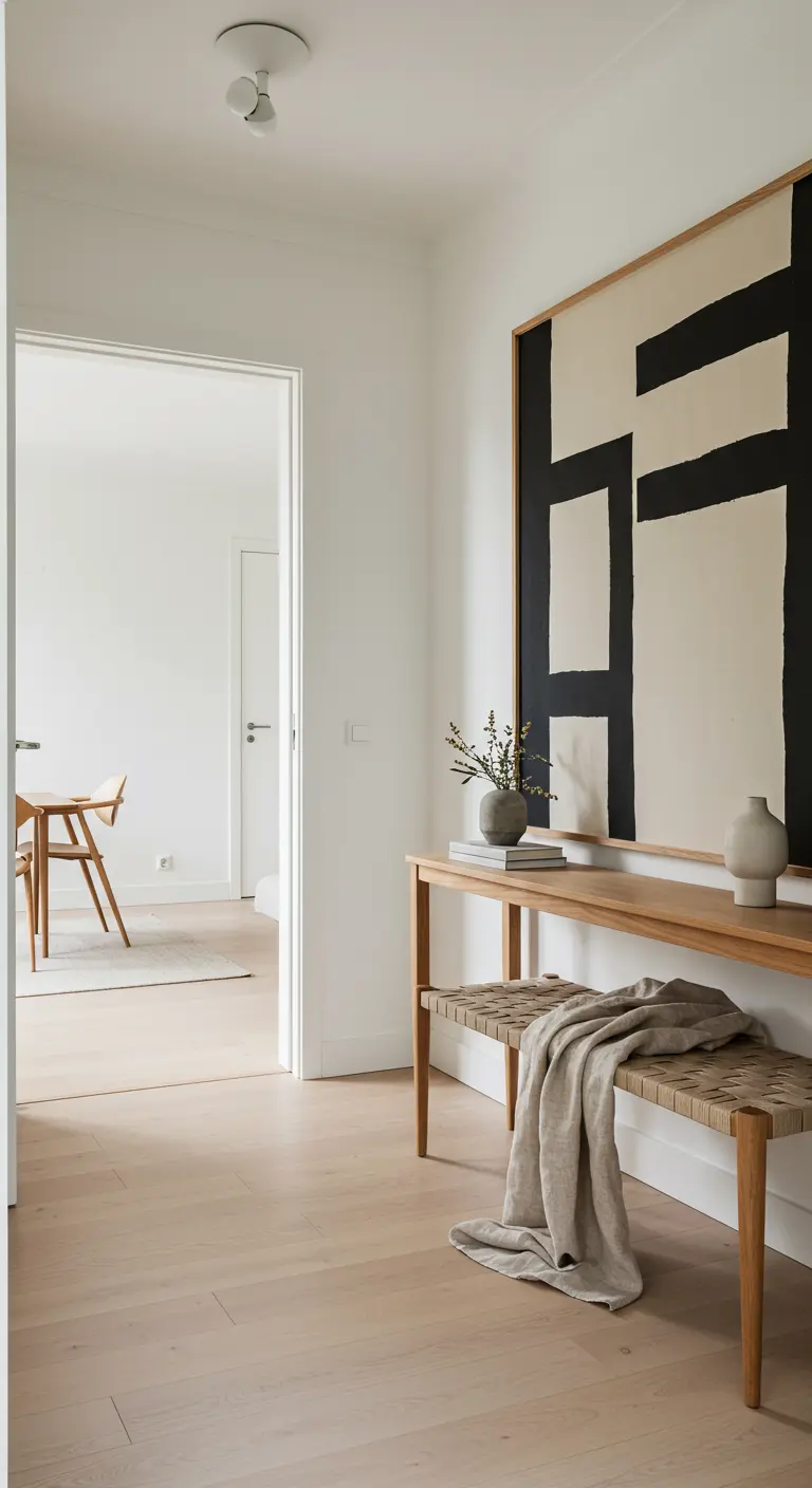 Hallway with a large black-and-beige abstract painting above a light wood console and woven bench.