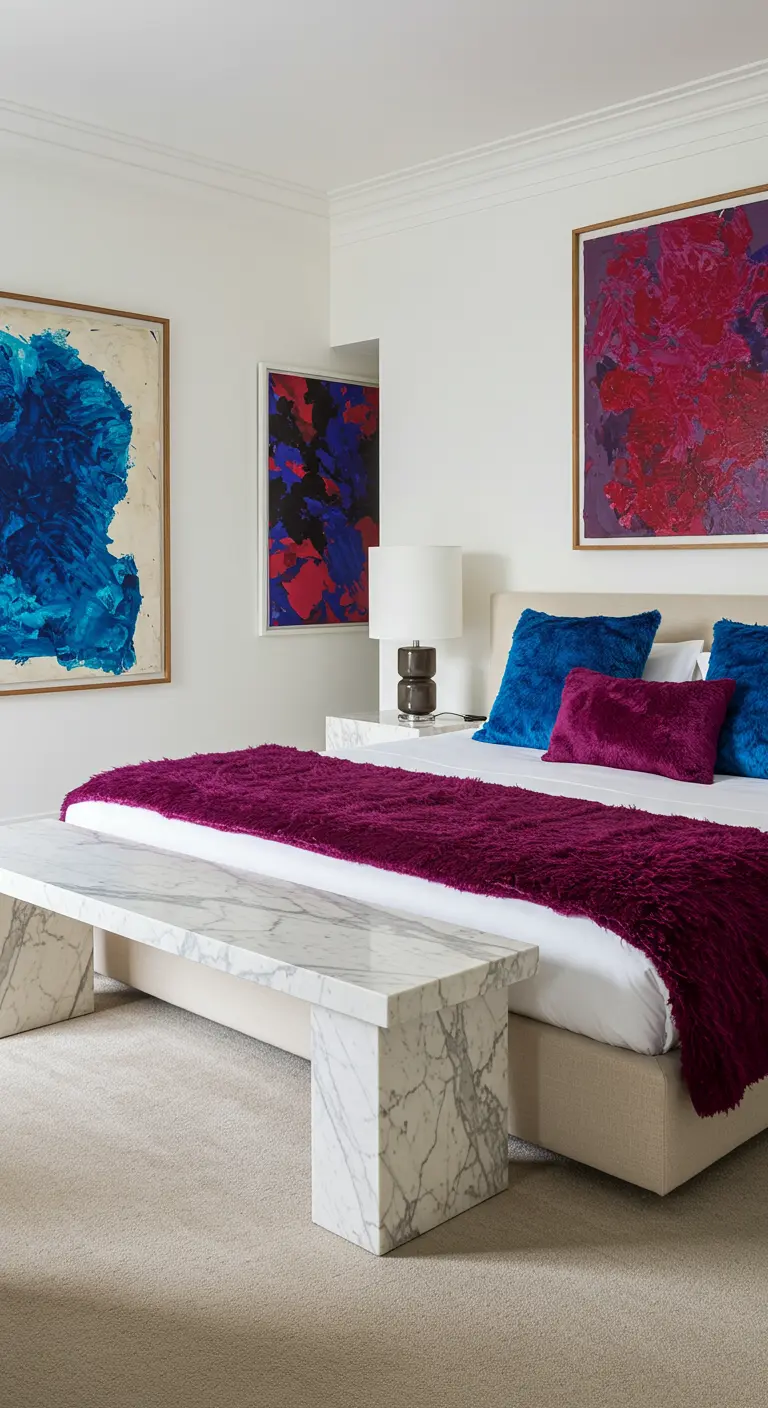 Bedroom with large abstract art and a solid white marble bench.
