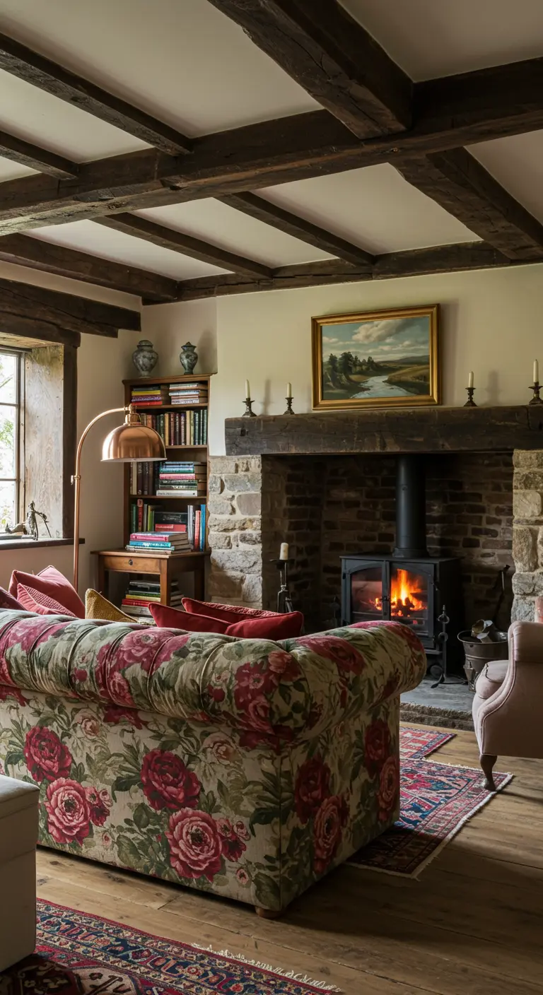 Cozy living room with a large floral sofa, stone fireplace, and exposed beams.