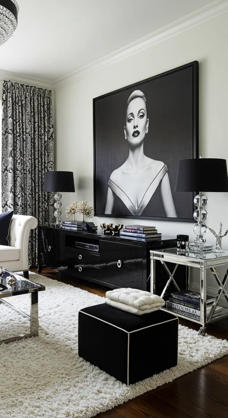 Glamorous living room with a large black-and-white fashion portrait and a plush white rug.