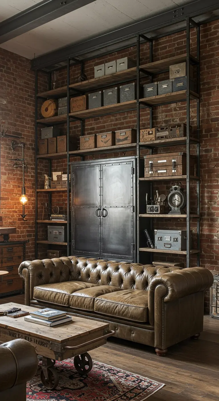 An industrial-style shelving unit against a brick wall with a central metal locker cabinet.