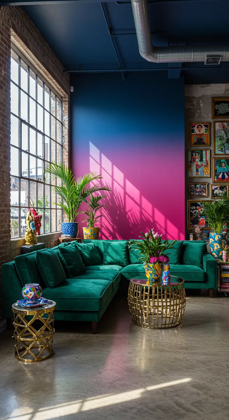 Emerald green velvet sectional against a blue and pink ombre wall in a loft with brick.