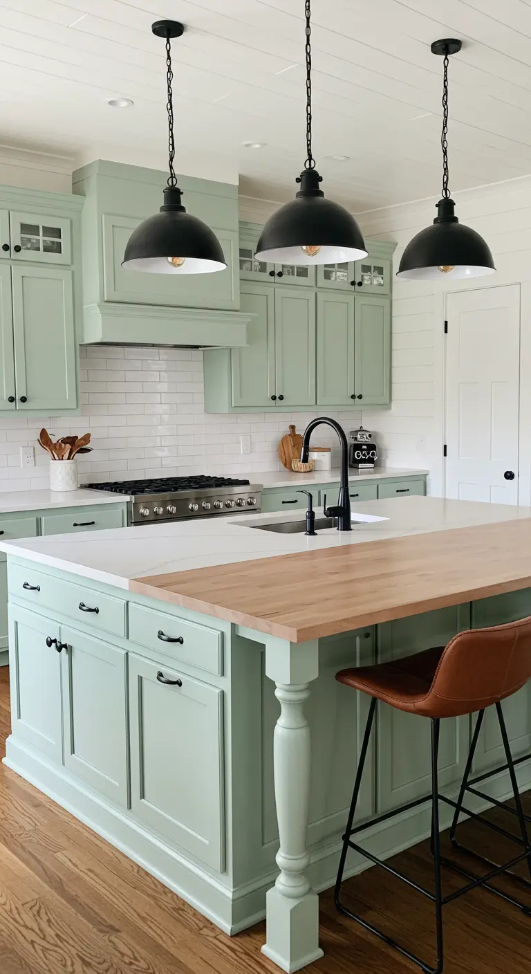Farmhouse kitchen with mint green cabinets, black pendant lights, and a wood-topped island.