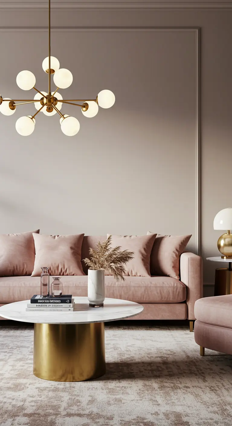 A living room with a dusty rose velvet sofa and a round marble coffee table with a thick, polished brass base.