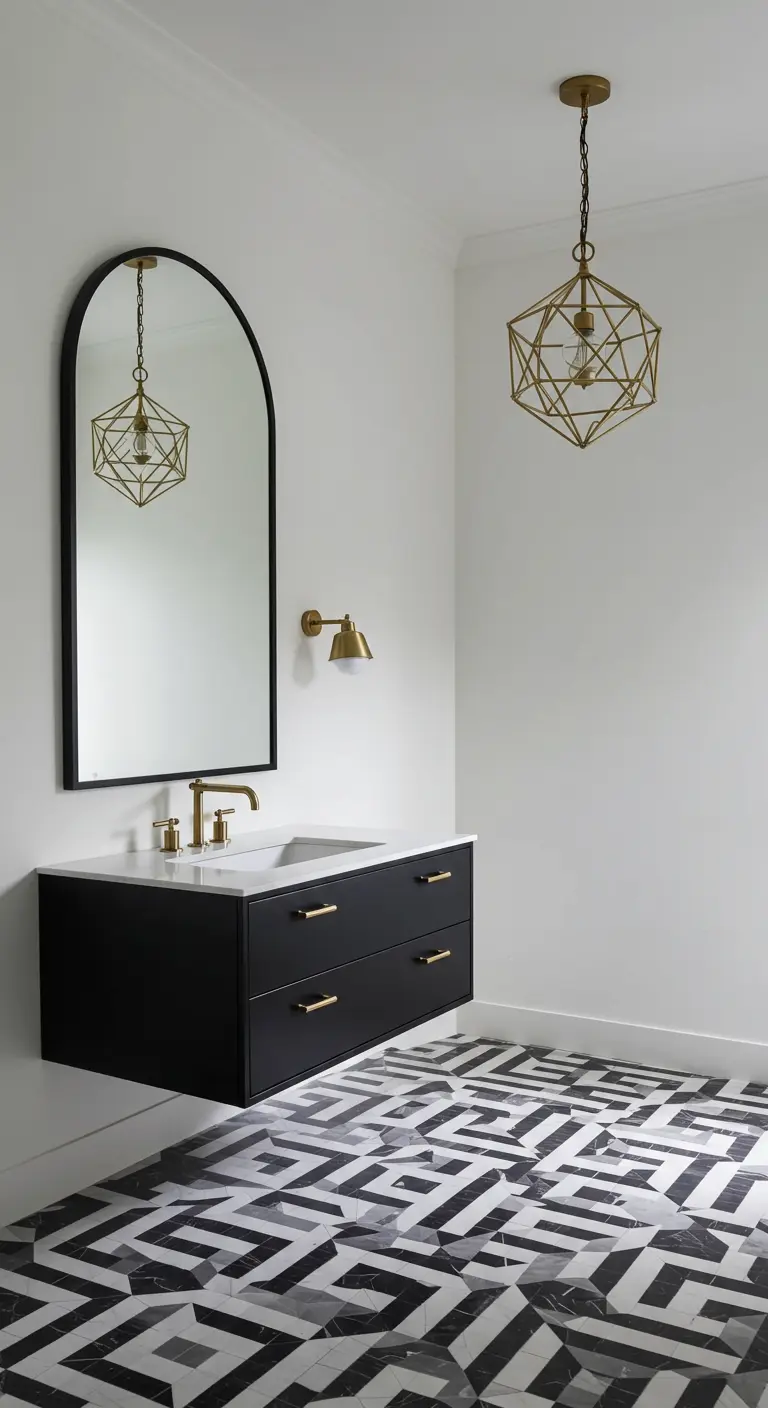 Bathroom with bold black and white geometric floor tiles and a black vanity.