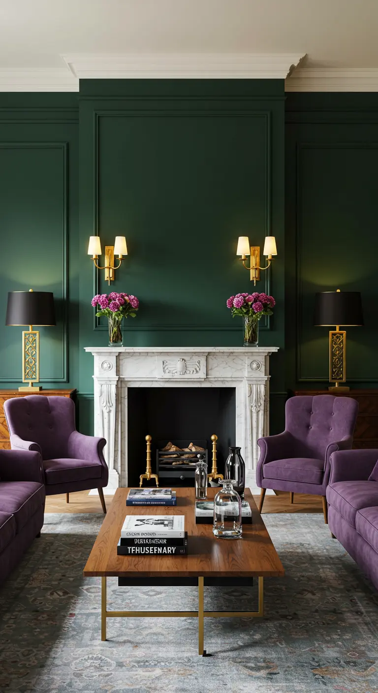 Living room with emerald walls, a white marble fireplace, and two purple velvet chairs facing each other.