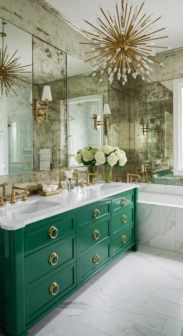 Bathroom with a deep green vanity, antiqued mirror walls, and a gold starburst chandelier.