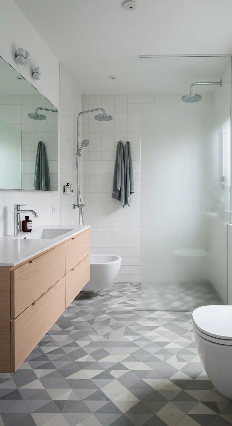Bathroom with geometric floor tiles and a light wood vanity.